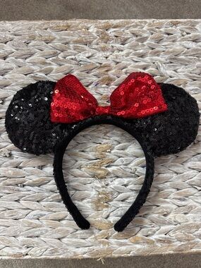 Sequin Minnie Mouse Ear Headband with Red Bow